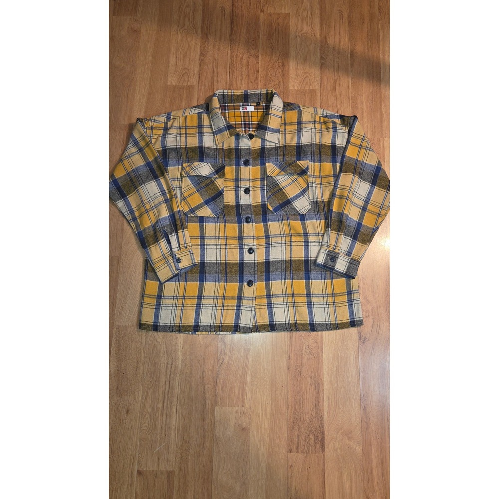 DG Women's Plaid Wool Blend Button Down Shirt Yellow Navy Blue XXL Long Sleeve